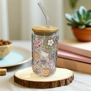 16 oz Glass Tumbler with Bamboo Lid and Straw - Floral Design